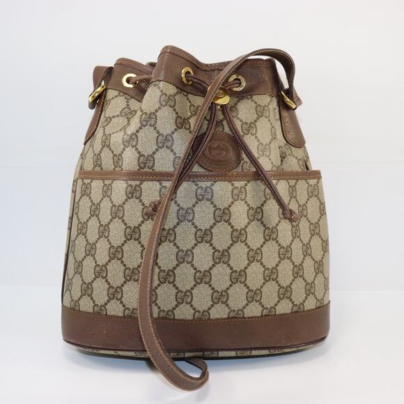 Vintage Gucci GG Supreme Bucket Bag Brown Leather Trim Italy - Picture 1 of 10
